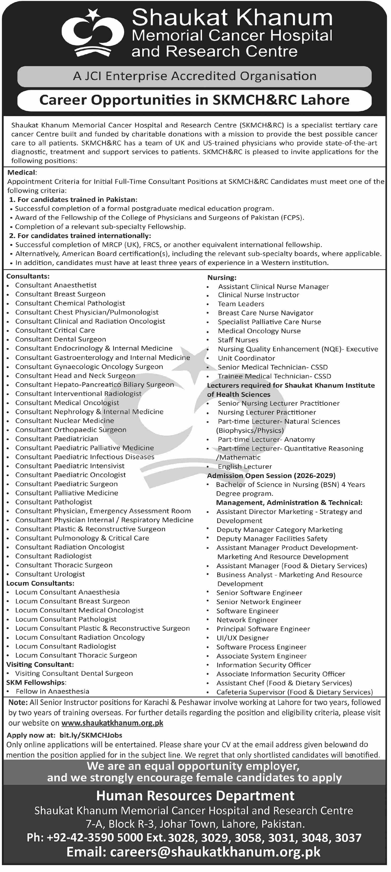Shaukat Khanum Memorial Cancer Hospital & Research Center Jobs